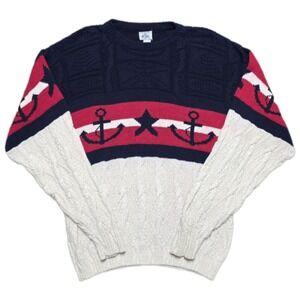VTG Nautical Chunky Cable Knit Sweater Mens L Sailboat Anchor USA Red White Blue